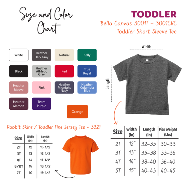 Prindaddy_Color_and_Size_Chart_Toddler T-shirt - B+C 3001T - color and size chart