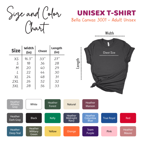 Prindaddy_Color_and_Size_Chart_Unisex T-shirt - B+C 3001 - color and size chart