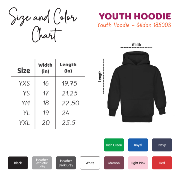 Prindaddy_Color_and_Size_Chart_Youth Hoodie - Gildan 18500B - color and size chart