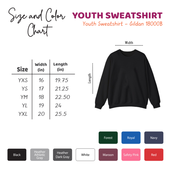 Prindaddy_Color_and_Size_Chart_Youth Sweatshirt - Gildan 18000B - color and size chart