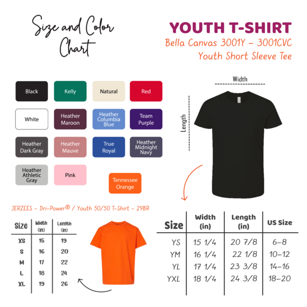 Prindaddy_Color_and_Size_Chart_Youth T-shirt - B+C 3001Y - color and size chart