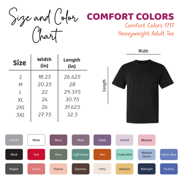 Prindaddy_Comfort Colors 1717 - Unisex T-Shirt - color and size chart