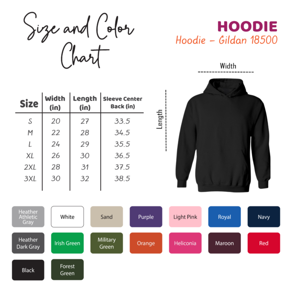 Prindaddy_Hoodie - Gildan 18500 - color and size chart