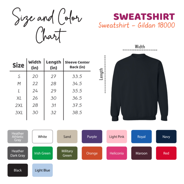 Prindaddy_Sweatshirt - Gildan 18000 - color and size chart