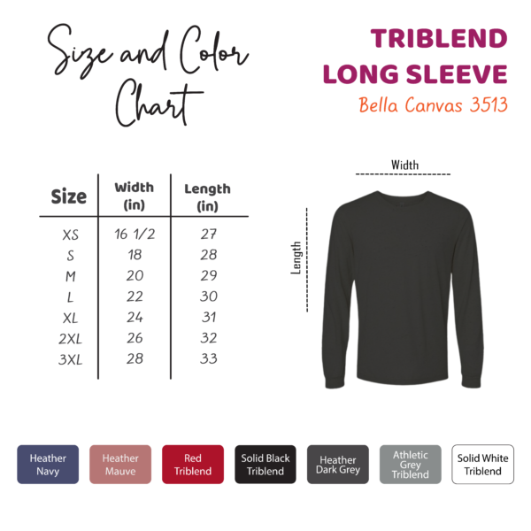 Prindaddy_Triblend Long Sleeve - B+C 3513 - color and size chart